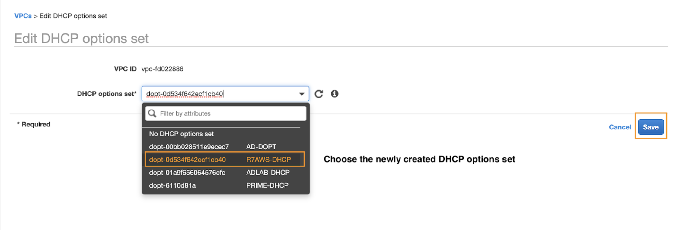 Save your DHCP options set