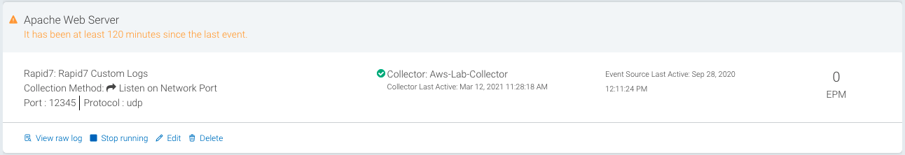 Event source with a warning status