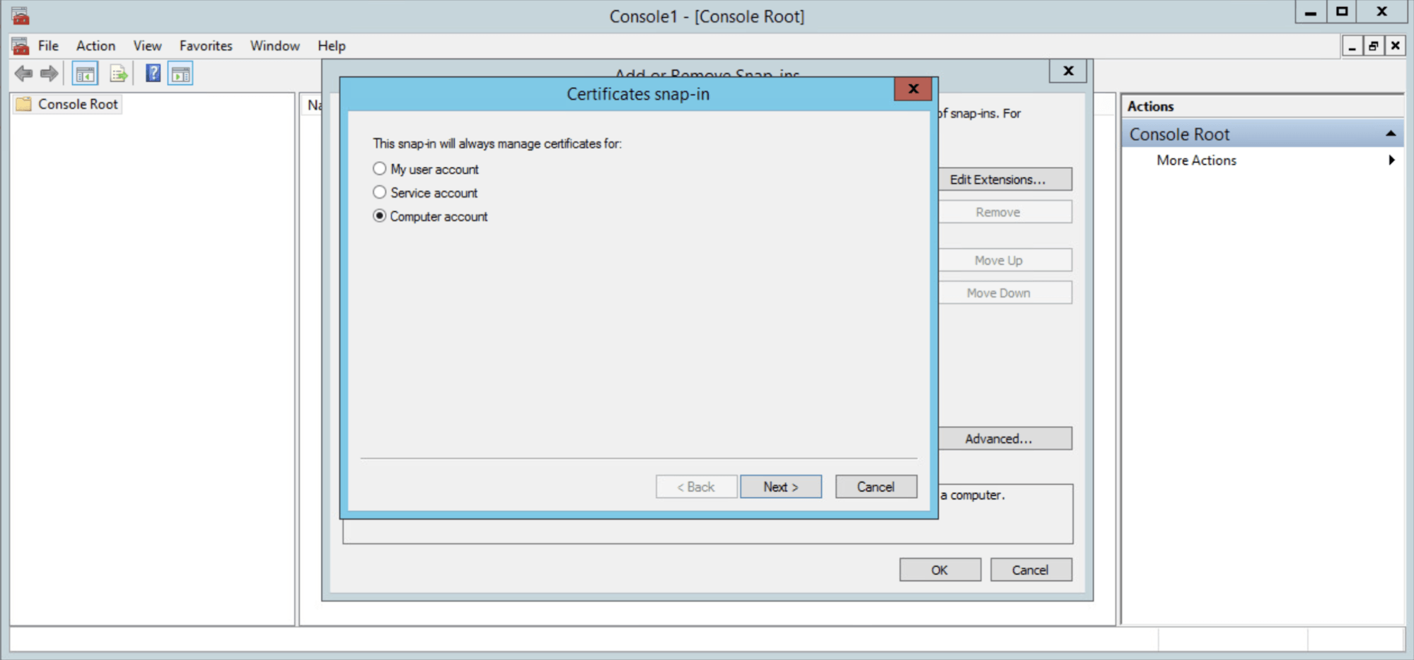 Computer account item in Certificates snap-in window